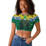 Gabon Christmas Raglan Cropped T shirt Black Panthers Carrying Tree and Snowflake - African Pride