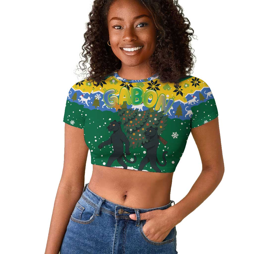 Gabon Christmas Raglan Cropped T shirt Black Panthers Carrying Tree and Snowflake - African Pride