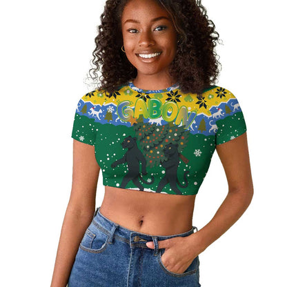 Gabon Christmas Raglan Cropped T shirt Black Panthers Carrying Tree and Snowflake - African Pride