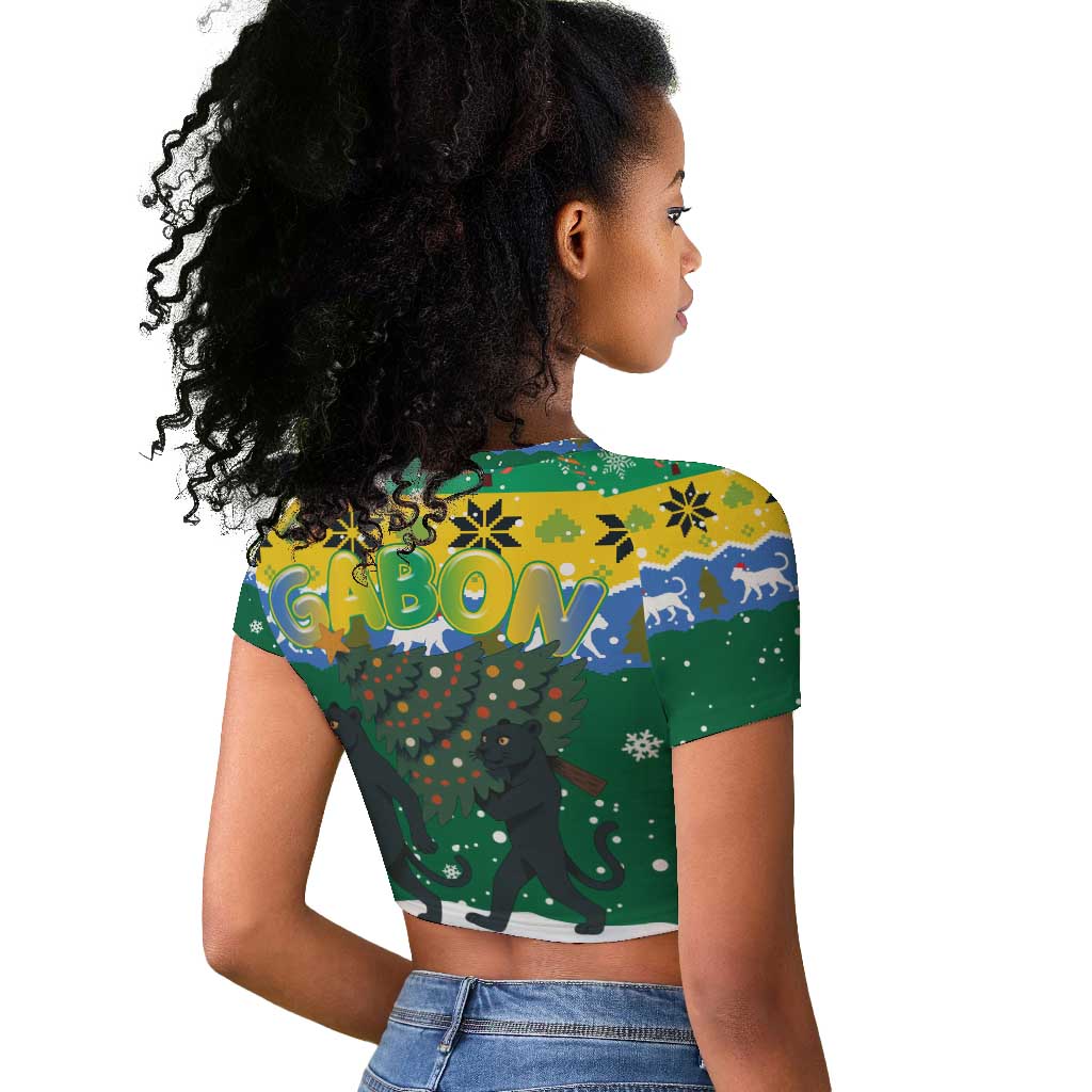 Gabon Christmas Raglan Cropped T shirt Black Panthers Carrying Tree and Snowflake - African Pride