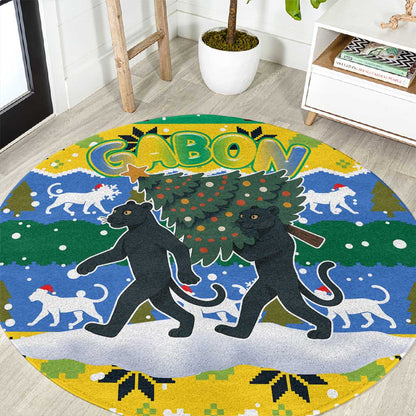 Gabon Christmas Round Carpet Black Panthers Carrying Tree and Snowflake - African Pride