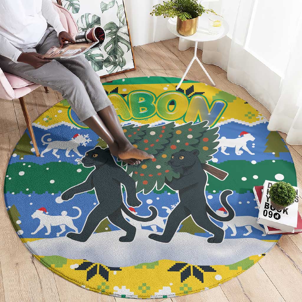 Gabon Christmas Round Carpet Black Panthers Carrying Tree and Snowflake - African Pride