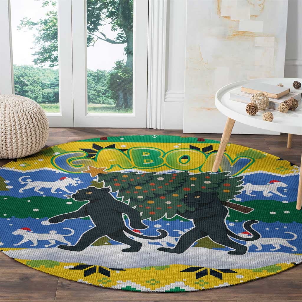 Gabon Christmas Round Carpet Black Panthers Carrying Tree and Snowflake - African Pride