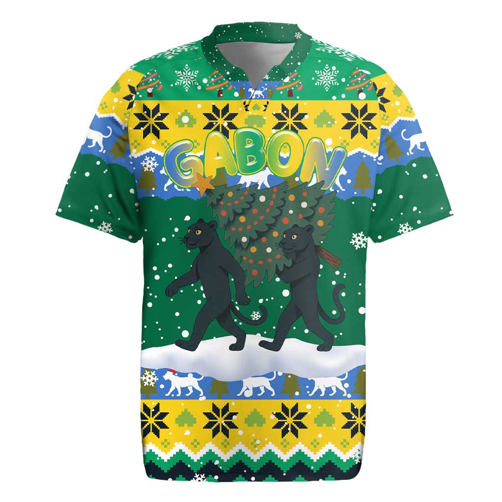 Gabon Christmas Rugby Jersey Black Panthers Carrying Tree and Snowflake - African Pride