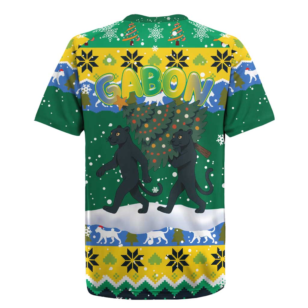 Gabon Christmas Rugby Jersey Black Panthers Carrying Tree and Snowflake - African Pride