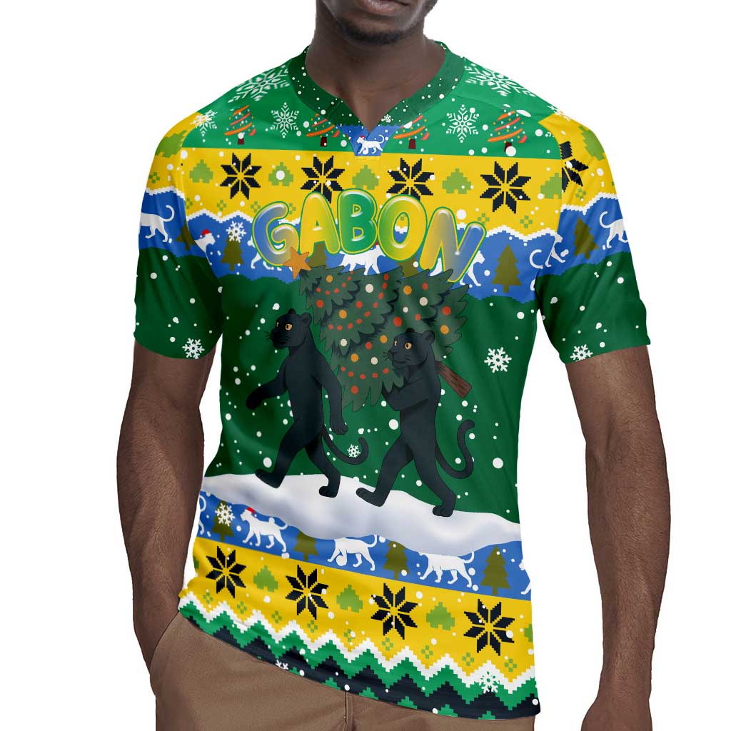 Gabon Christmas Rugby Jersey Black Panthers Carrying Tree and Snowflake - African Pride