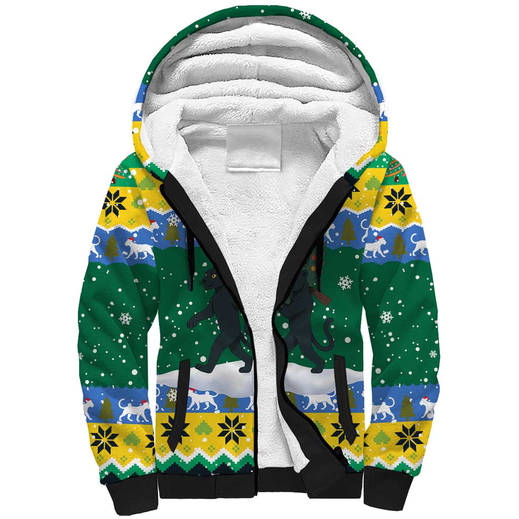 Gabon Christmas Sherpa Hoodie Black Panthers Carrying Tree and Snowflake - African Pride