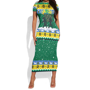 Gabon Christmas Short Sleeve Bodycon Dress Black Panthers Carrying Tree and Snowflake - African Pride