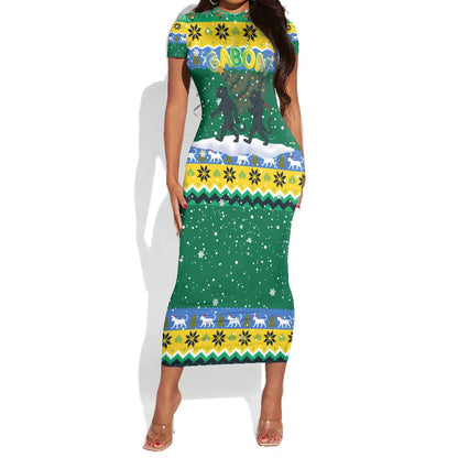 Gabon Christmas Short Sleeve Bodycon Dress Black Panthers Carrying Tree and Snowflake - African Pride
