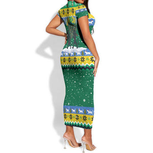 Gabon Christmas Short Sleeve Bodycon Dress Black Panthers Carrying Tree and Snowflake - African Pride