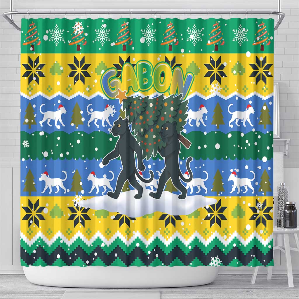 Gabon Christmas Shower Curtain Black Panthers Carrying Tree and Snowflake - African Pride