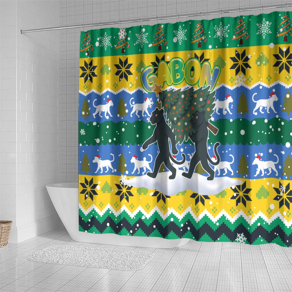 Gabon Christmas Shower Curtain Black Panthers Carrying Tree and Snowflake - African Pride