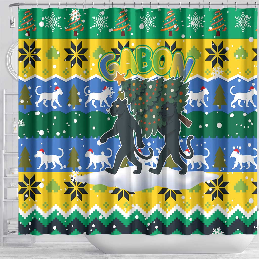 Gabon Christmas Shower Curtain Black Panthers Carrying Tree and Snowflake - African Pride