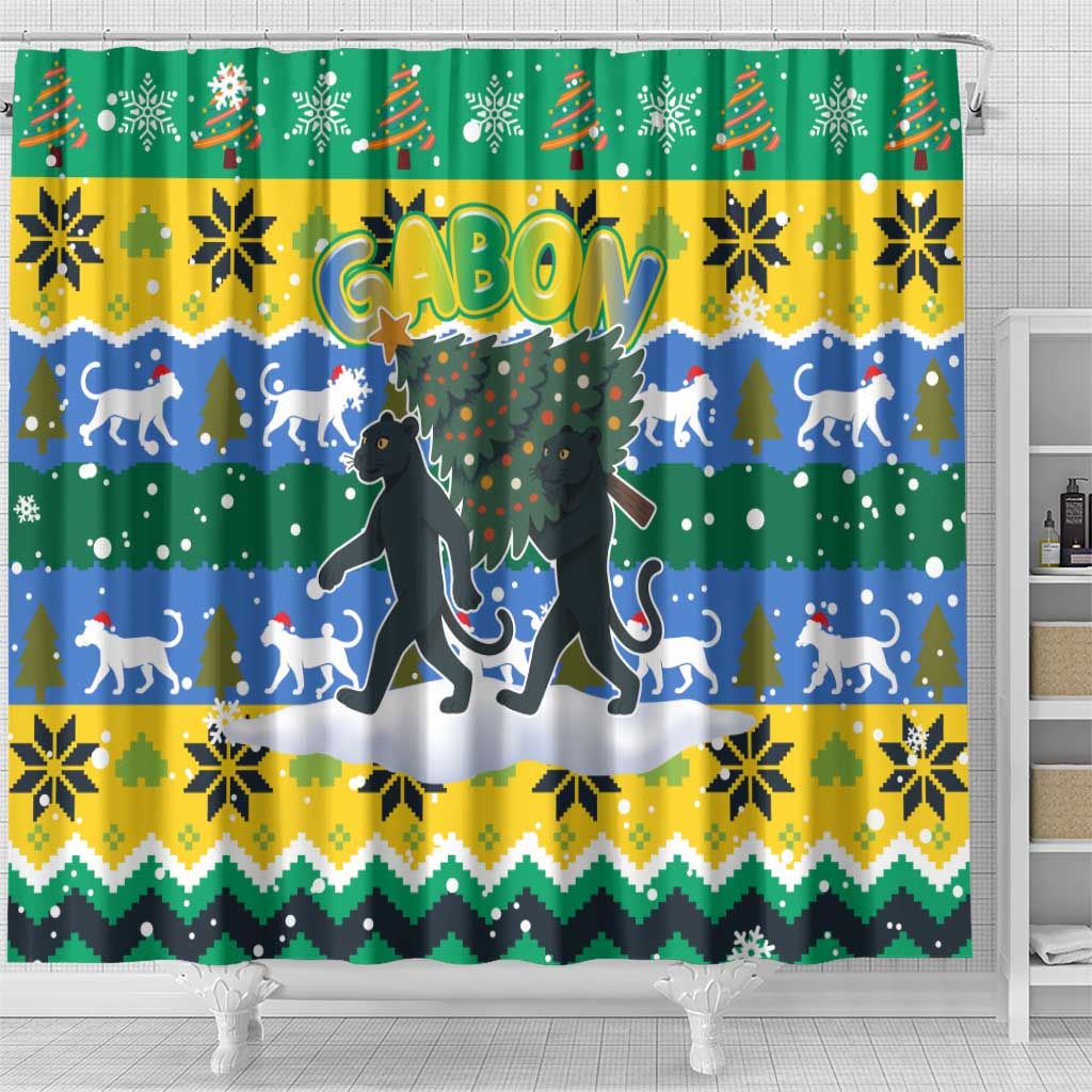 Gabon Christmas Shower Curtain Black Panthers Carrying Tree and Snowflake - African Pride