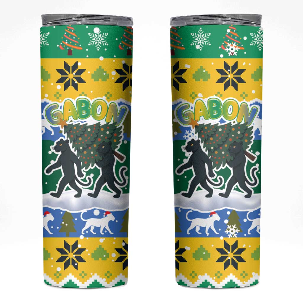 Gabon Christmas Skinny Tumbler Black Panthers Carrying Tree and Snowflake - African Pride