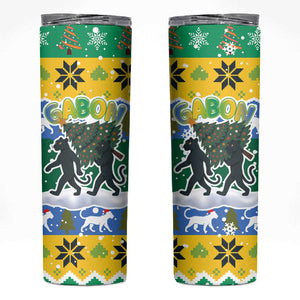 Gabon Christmas Skinny Tumbler Black Panthers Carrying Tree and Snowflake - African Pride