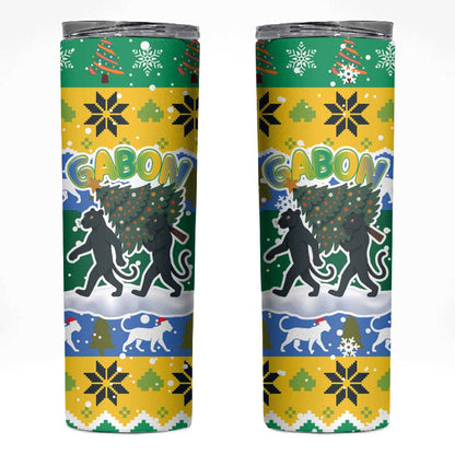 Gabon Christmas Skinny Tumbler Black Panthers Carrying Tree and Snowflake - African Pride
