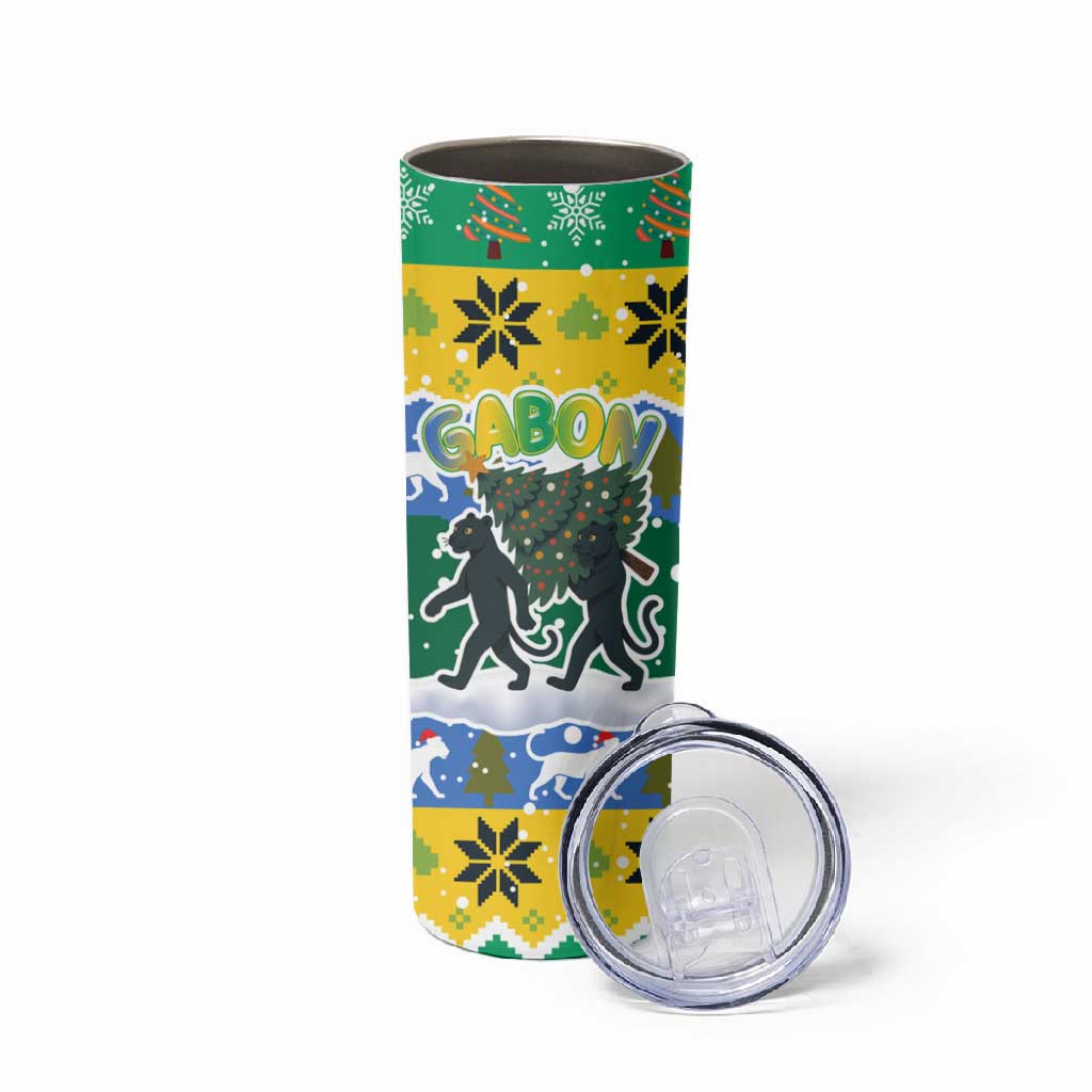 Gabon Christmas Skinny Tumbler Black Panthers Carrying Tree and Snowflake - African Pride