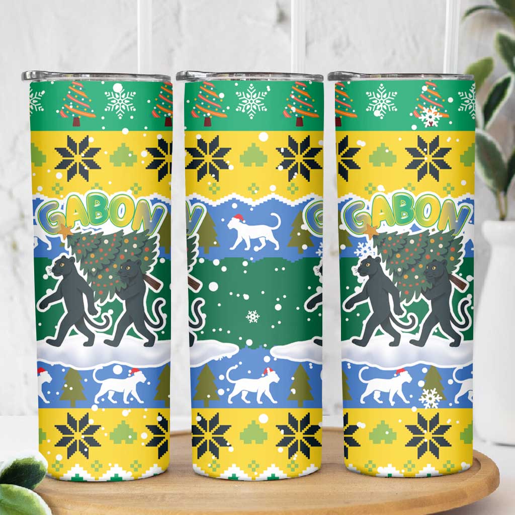 Gabon Christmas Skinny Tumbler Black Panthers Carrying Tree and Snowflake - African Pride