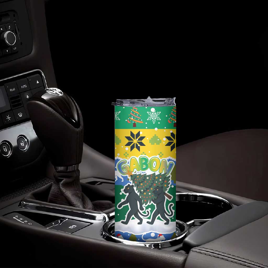 Gabon Christmas Skinny Tumbler Black Panthers Carrying Tree and Snowflake - African Pride