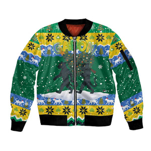 Gabon Christmas Sleeve Zip Bomber Jacket Black Panthers Carrying Tree and Snowflake - African Pride