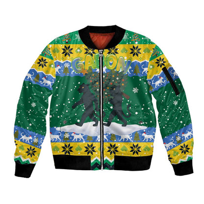 Gabon Christmas Sleeve Zip Bomber Jacket Black Panthers Carrying Tree and Snowflake - African Pride