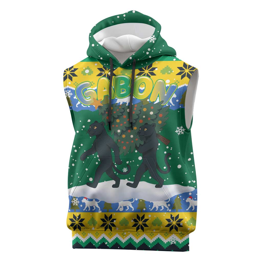 Gabon Christmas Sleeveless Hoodie Black Panthers Carrying Tree and Snowflake - African Pride