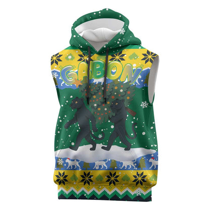Gabon Christmas Sleeveless Hoodie Black Panthers Carrying Tree and Snowflake - African Pride