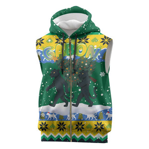 Gabon Christmas Sleeveless Zip Hoodie Black Panthers Carrying Tree and Snowflake - African Pride