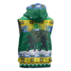 Gabon Christmas Sleeveless Zip Hoodie Black Panthers Carrying Tree and Snowflake - African Pride