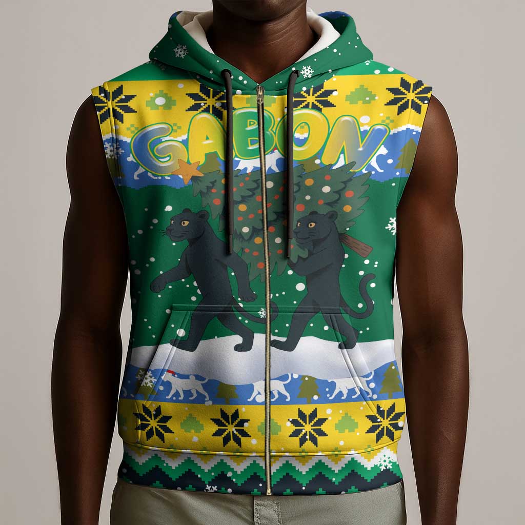 Gabon Christmas Sleeveless Zip Hoodie Black Panthers Carrying Tree and Snowflake - African Pride