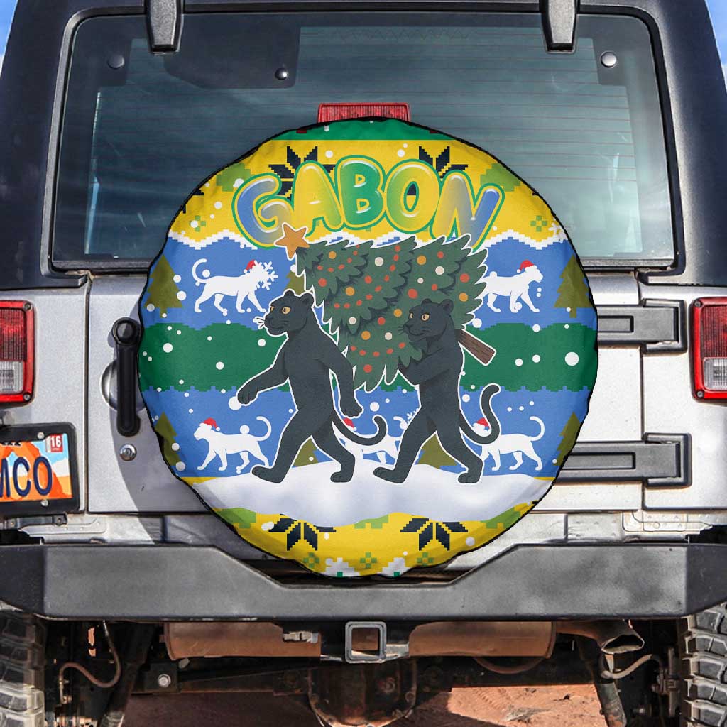 Gabon Christmas Spare Tire Cover Black Panthers Carrying Tree and Snowflake - African Pride