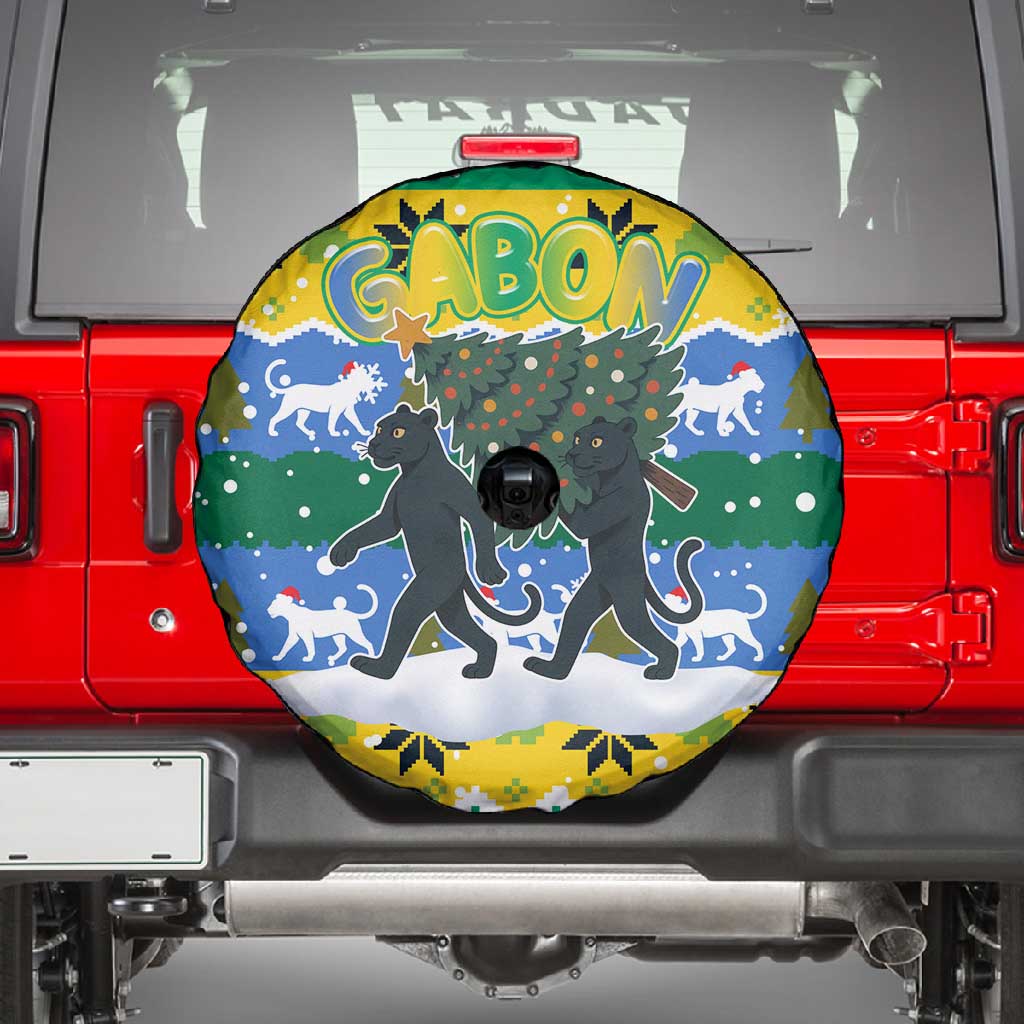 Gabon Christmas Spare Tire Cover Black Panthers Carrying Tree and Snowflake - African Pride