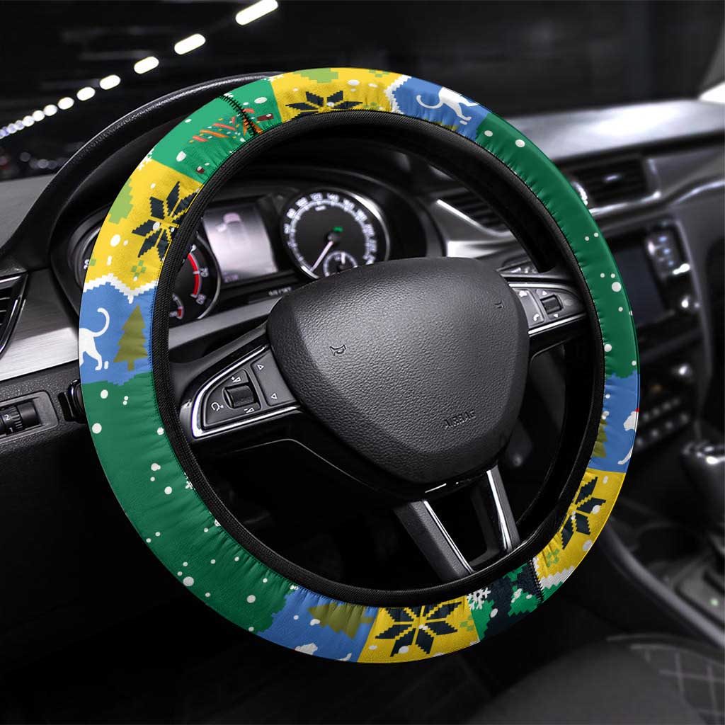 Gabon Christmas Steering Wheel Cover Black Panthers Carrying Tree and Snowflake - African Pride