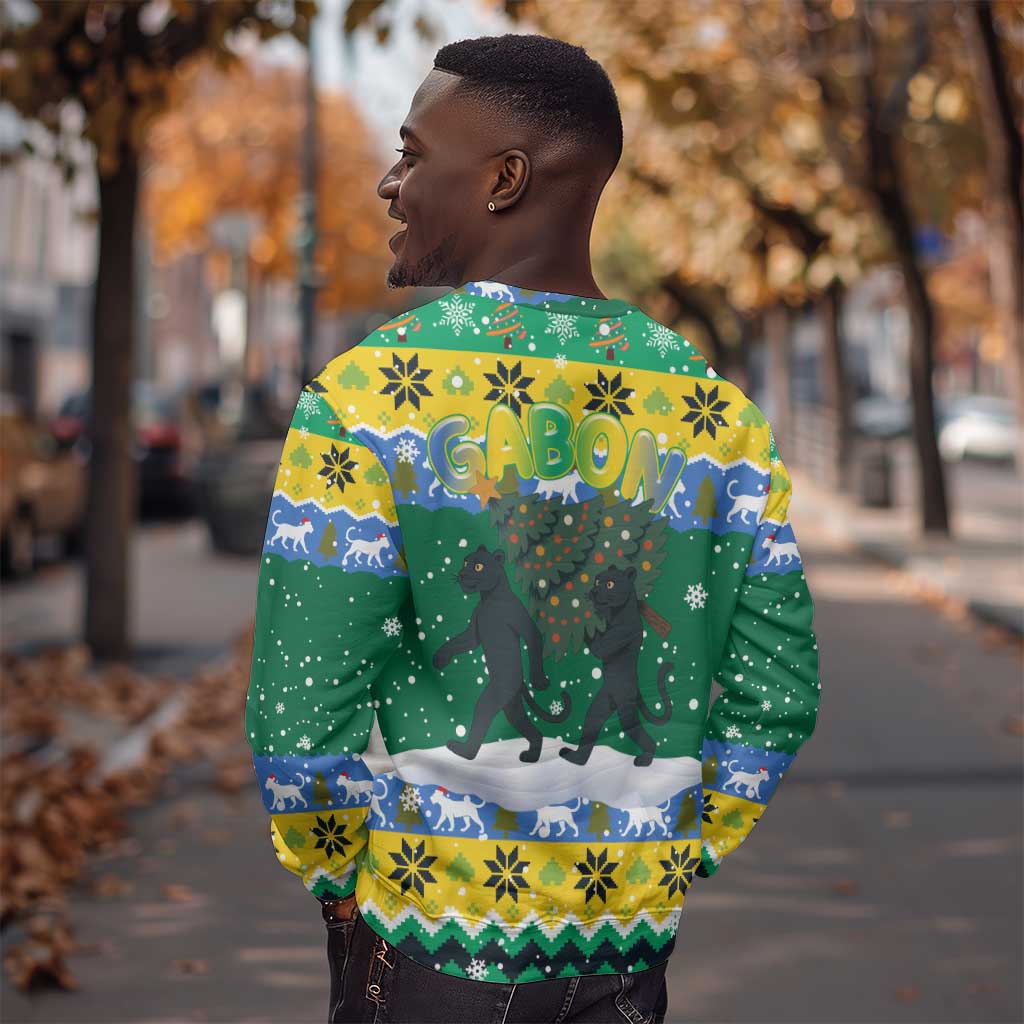 Gabon Christmas Sweatshirt Black Panthers Carrying Tree and Snowflake - African Pride
