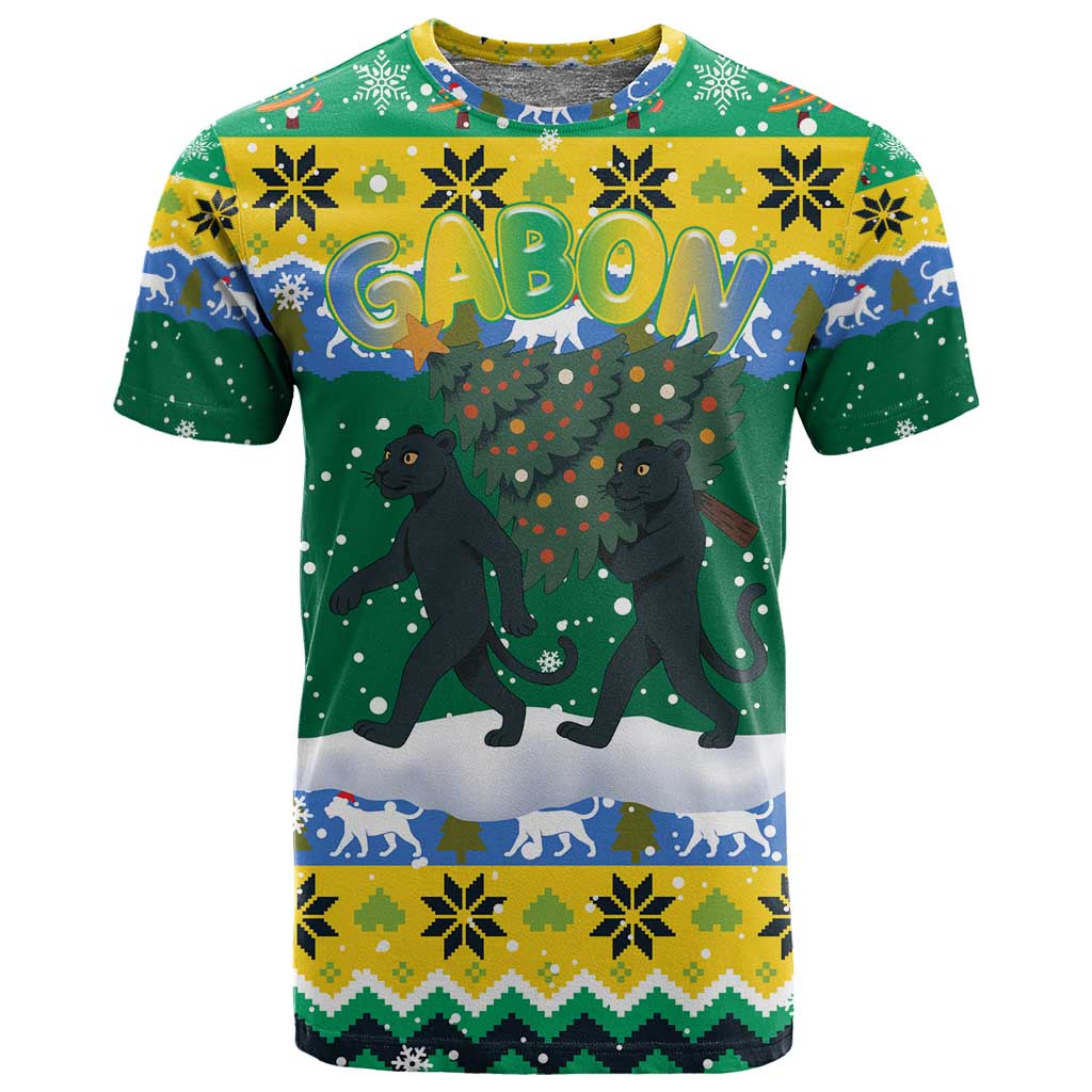 Gabon Christmas T shirt Black Panthers Carrying Tree and Snowflake - African Pride