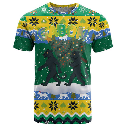 Gabon Christmas T shirt Black Panthers Carrying Tree and Snowflake - African Pride