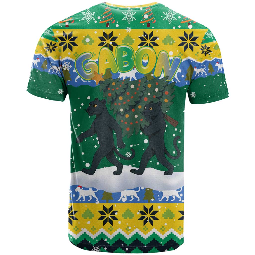 Gabon Christmas T shirt Black Panthers Carrying Tree and Snowflake - African Pride