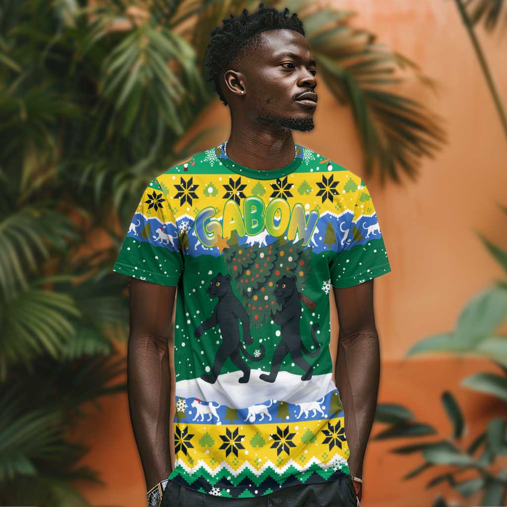 Gabon Christmas T shirt Black Panthers Carrying Tree and Snowflake - African Pride