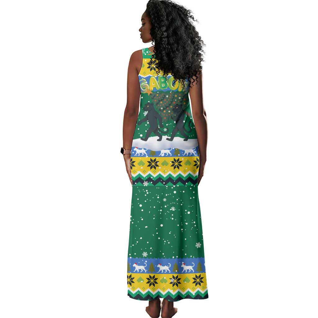 Gabon Christmas Tank Maxi Dress Black Panthers Carrying Tree and Snowflake - African Pride