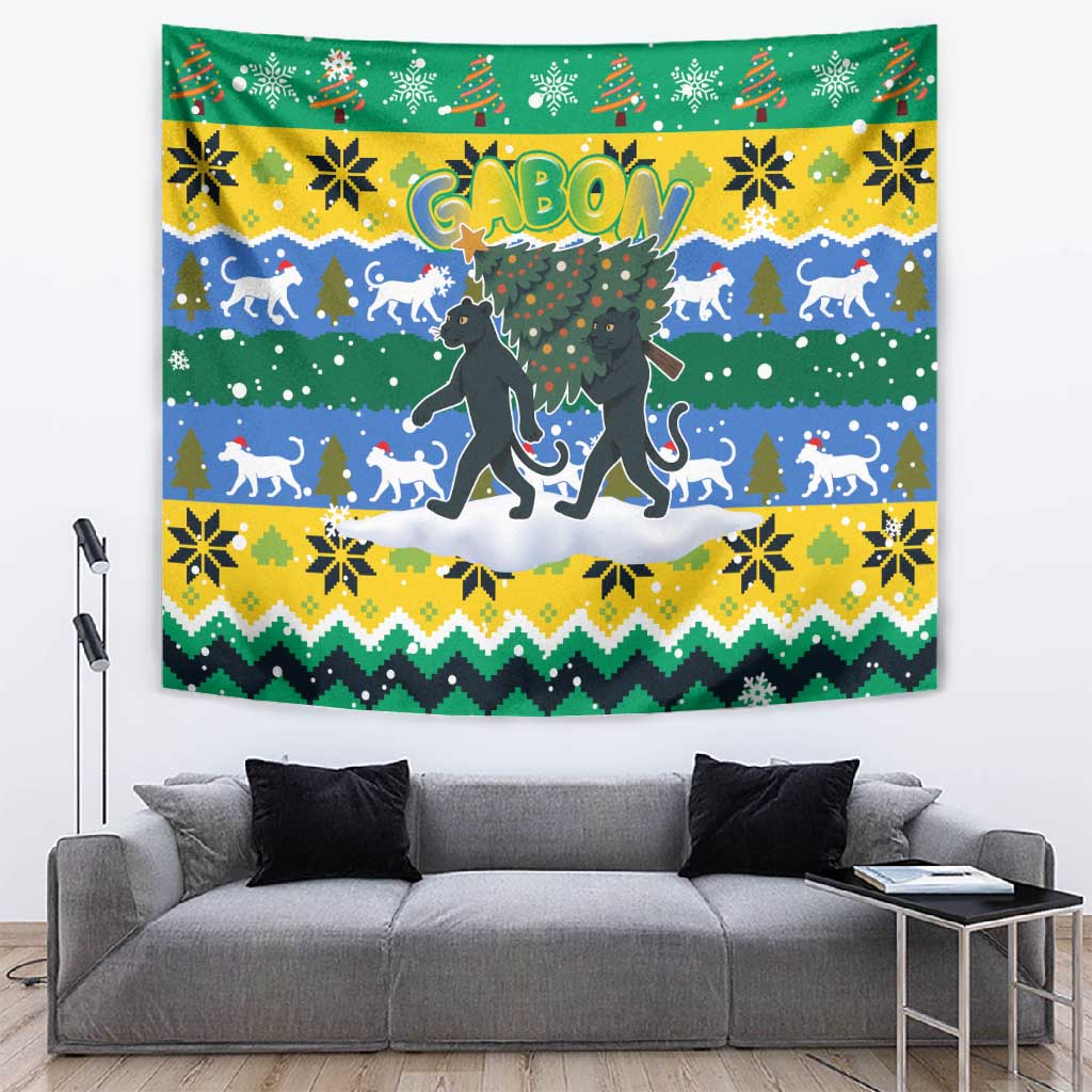 Gabon Christmas Tapestry Black Panthers Carrying Tree and Snowflake - African Pride