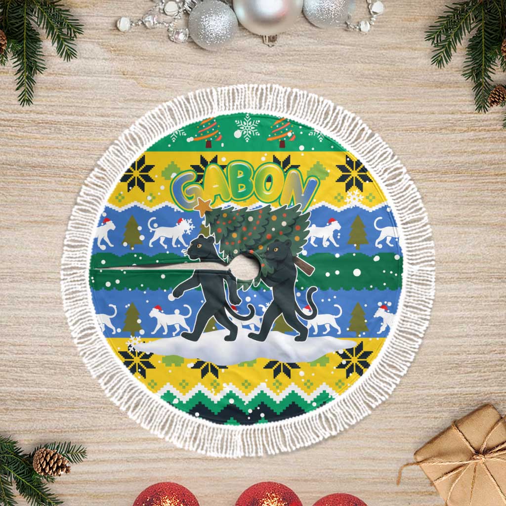 Gabon Christmas Tree Skirt Black Panthers Carrying Tree and Snowflake - African Pride