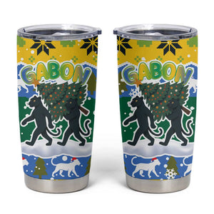 Gabon Christmas Tumbler Cup Black Panthers Carrying Tree and Snowflake - African Pride