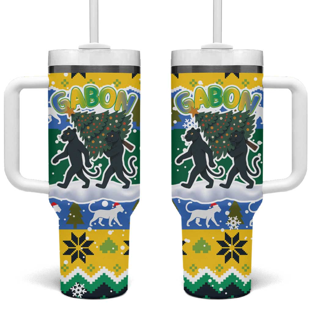 Gabon Christmas Tumbler With Handle Black Panthers Carrying Tree and Snowflake - African Pride