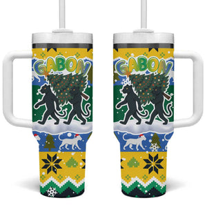 Gabon Christmas Tumbler With Handle Black Panthers Carrying Tree and Snowflake - African Pride