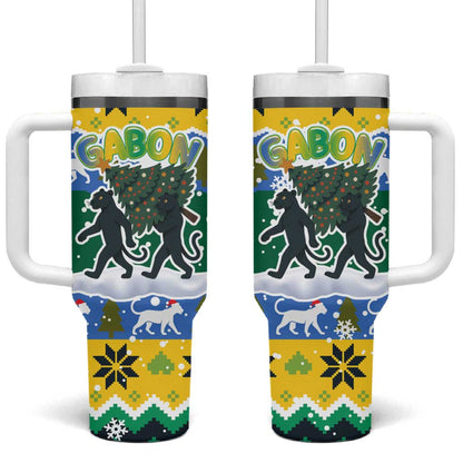 Gabon Christmas Tumbler With Handle Black Panthers Carrying Tree and Snowflake - African Pride