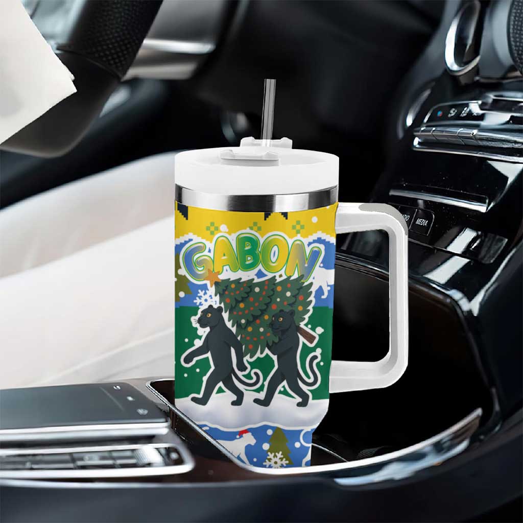 Gabon Christmas Tumbler With Handle Black Panthers Carrying Tree and Snowflake - African Pride