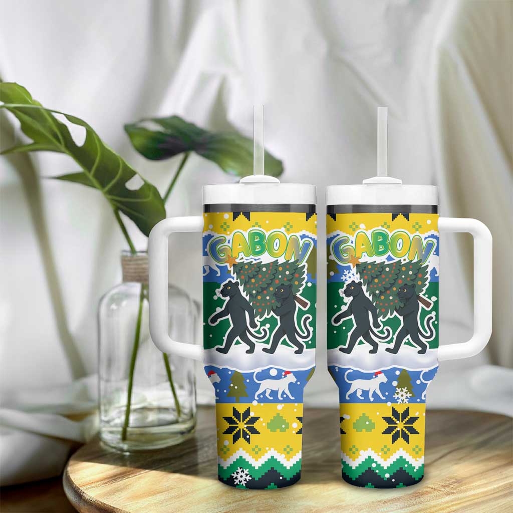 Gabon Christmas Tumbler With Handle Black Panthers Carrying Tree and Snowflake - African Pride