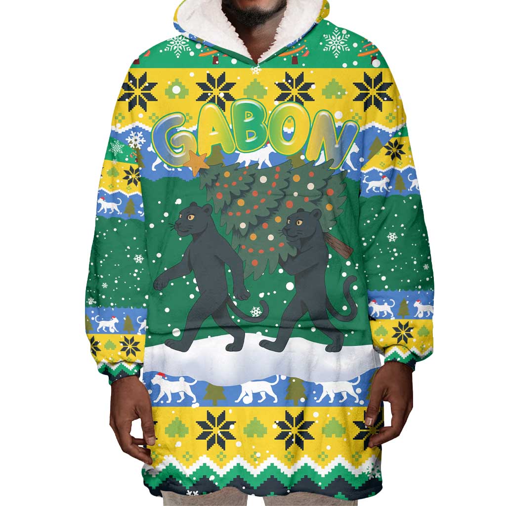 Gabon Christmas Wearable Blanket Hoodie Black Panthers Carrying Tree and Snowflake - African Pride