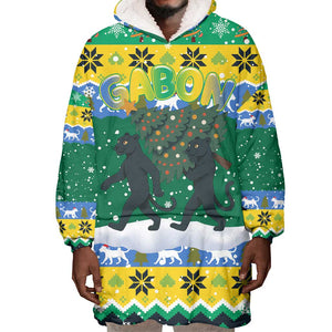 Gabon Christmas Wearable Blanket Hoodie Black Panthers Carrying Tree and Snowflake - African Pride